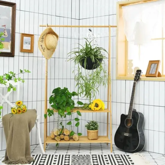 Natural Wicker Garment Rack with Shelves and Hanging Rod for Small Spaces {3}