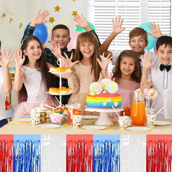 4P Metallic Foil Fringe Banner Tinsel Table Skirts for Rectangle Tables Backdrop Banner Garland Curtains for Parade Floats Wedding Graduation Anniversary Birthday Parties Decoration(White Blue Red) {4}