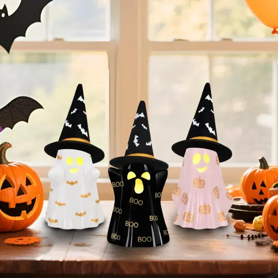 Set of 3 Ceramic Halloween Ghosts with Witch Hats {6}