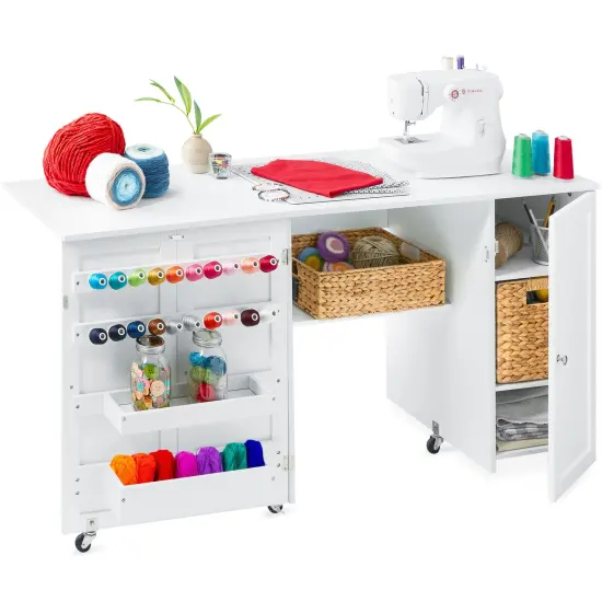 Best Choice Products Large Portable Multipurpose Folding Sewing Table w/ Magnetic Doors, Craft Storage White {2}
