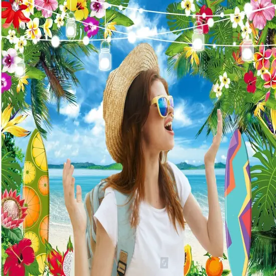 Summer Hawaiian Beach Photography Backdrop Tropical Flower Palm Leaves Surfboard Background Aloha Luau Decorations Photo Banner {2}