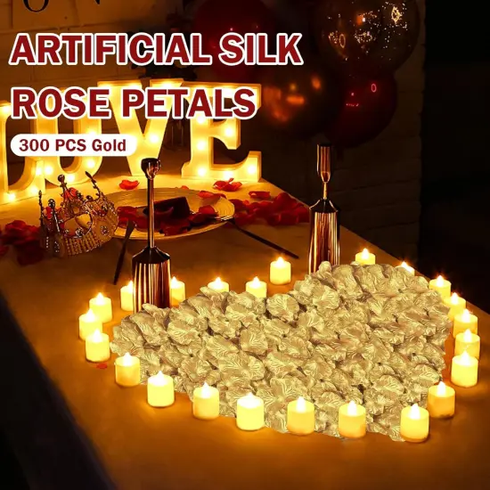 300PCS Gold Artificial Silk Rose Petals Fake Rose Flower Petals for Valentines Romantic Night Wedding Proposal Anniversary Party Decorations {2}