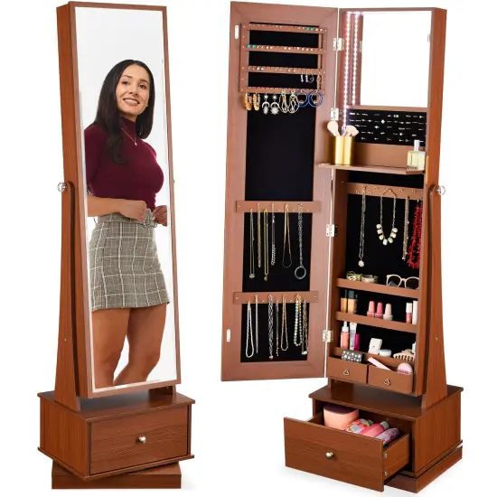 Best Choice Products 360 Swivel Standing Mirrored Jewelry Cabinet, LED-Lit Makeup Organizer w/ Mirror Walnut {1}