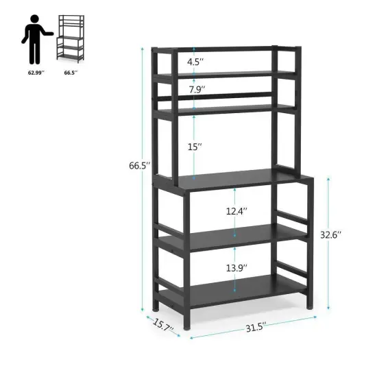 Black Metal and Wood Bakers Rack with 5 Shelves, Large Countertop and Adjustable Levelers {5}