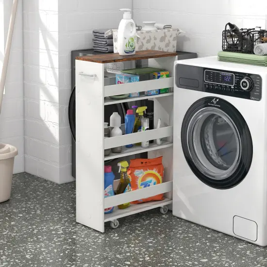 4-Tier Rolling Storage Cart Slim Kitchen Cart on Wheels with Open Shelves and Handle Rustic Brown {6}