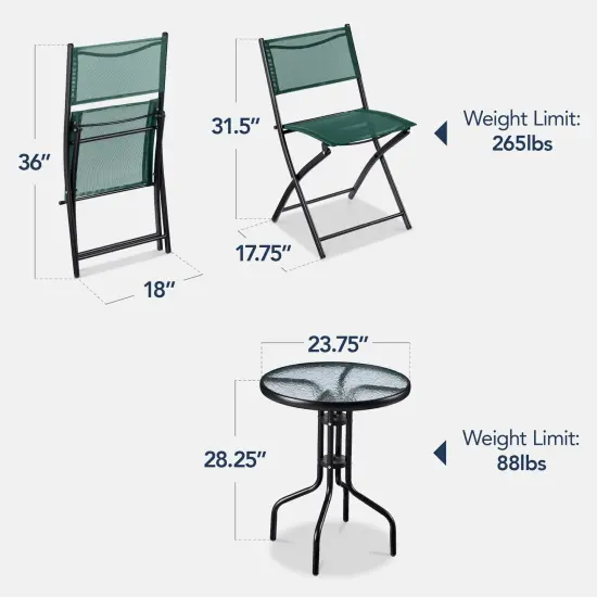 Best Choice Products 3-Piece Patio Bistro Dining Furniture Set w/ Round Textured Glass Tabletop, Folding Chairs Dark Green {2}