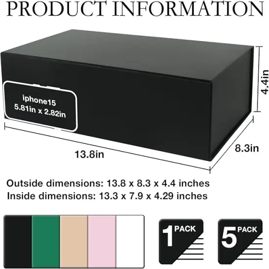 Large Black Gift Box with Magnetic Lids 13.8x8.3x4.4 in, Bridesmaid Groomsman Proposal Boxes, Collapsible Rectangle Storage Box 5 Pack {3}