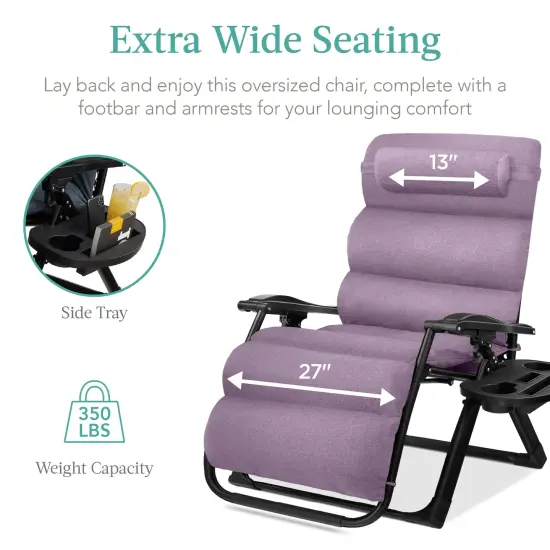 Best Choice Products Oversized Zero Gravity Chair, Folding Recliner w/ Removable Cushion, Side Tray Lavender {4}