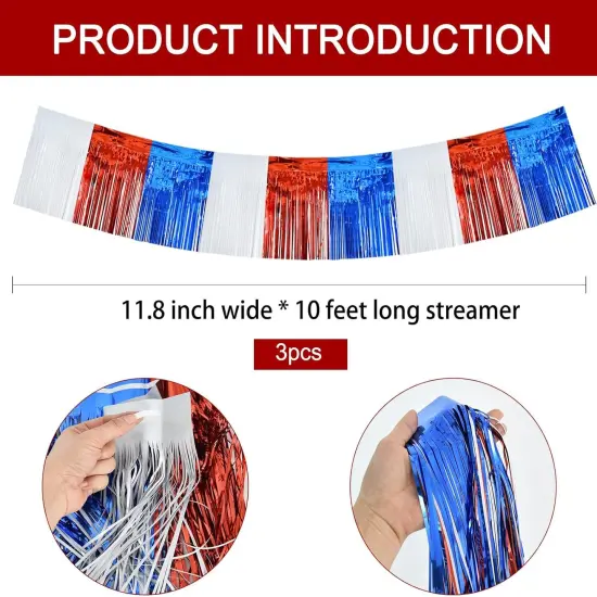 3 Packs Red White Blue Metallic Foil Fringe Garland Red White Blue Wall Hanging Tinsel Fringe Banners for Floats Birthday Bridal Shower Wedding New Year Party Decoration(30 Feet) {2}