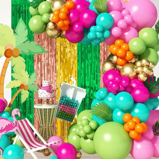 Hawaiian Party Decorations, 2 Packs Foil Fringe Curtains Streamers Green Yellow Rose Gold for Summer Tropical Beach Luau Themed Birthday Baby Shower Party Photo Booth Props Backdrop (3.3ft X 6.6ft) {1}