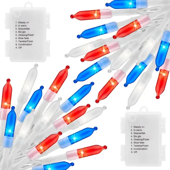 Red White Blue Battery Operated Mini String Lights with 8 Modes- 2 Pack 18 Feet 50 LED Independence Day Decoration Waterproof, Timer for Patriotic Xmas Holiday Party Outdoor Indoor {5}