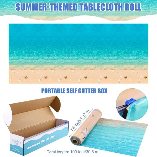 Summer Beach Tablecloth Roll with Cutter Box 100 Ft X 54 Inch Beach Themed Party Tablecover Disposable Beach Ball Plastic Tablecloth Ocean Backdrop for Summer Beach Pool Birthday Party Supply {2}