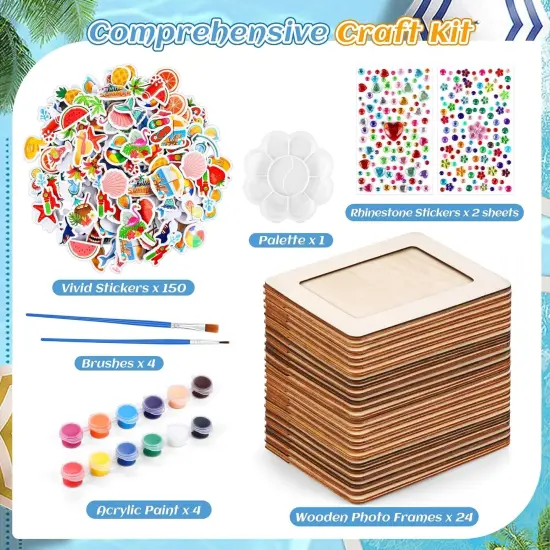 24 Packs Summer Picture Frame Painting Craft Kit with 150 Stickers 2 Rhinestone Stickers Painting Tools Set 4 Brushes {2}