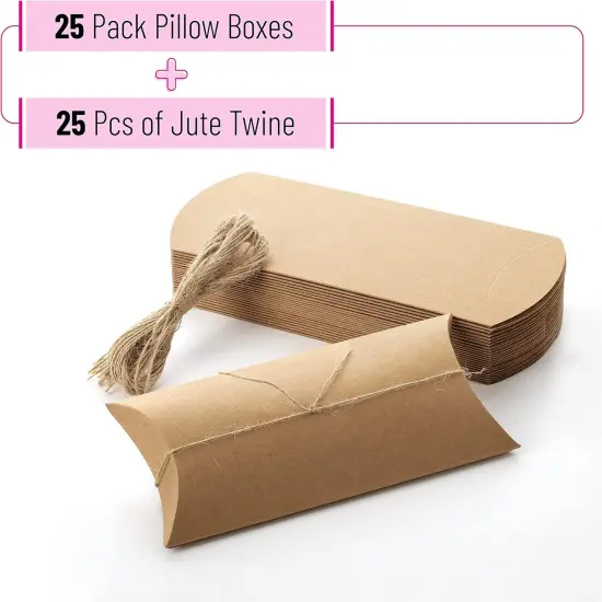 Kraft Pillow Boxes, 6.3x3.4x1.3 in, 25 Pack with Jute Twines, Kraft Gift Boxes, Paper Boxes for Gifts, Paper Pillow Candy Box, Pillow Boxes Craft, Favor Gift Boxes {2}