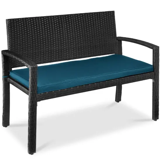 Best Choice Products 2-Person Outdoor Wicker Bench Garden Patio Porch Furniture w/ 700lb Capacity, Cushion Blue/Black {1}
