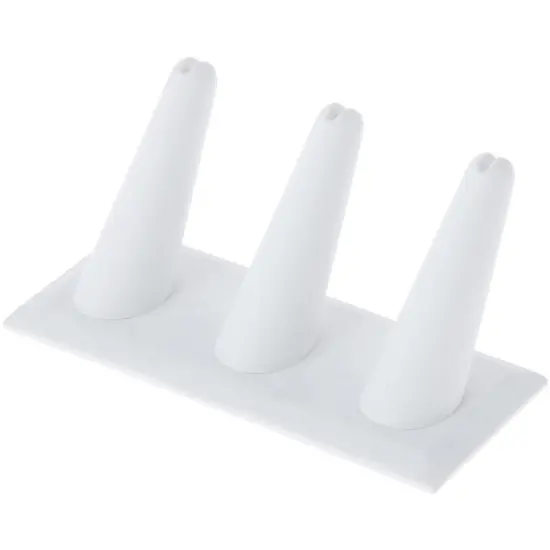 Plymor White Faux Leather Ring Finger Display, Three on Rectangular Base, 4.875" W x 2.25" D x 2" H {1}