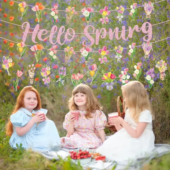 Spring Party Decorations, Hello Spring Hanging Swirls Sign Watercolor Tulip Flower Party Banner for Spring Summer Easter Baby Shower Home Office Classroom Decor {5}