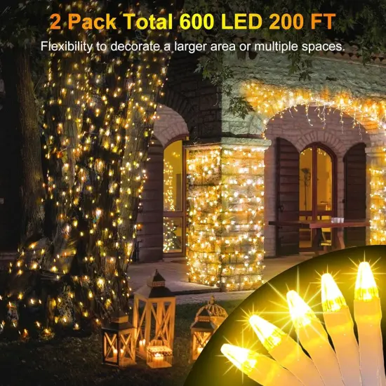 2 Pack Total 200FT 600 LED Christmas String Lights, Warm White Fairy Tree Lights Connectable {2}