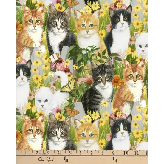 Cats Daisies Digital Cotton Fabric | By the Yard | Sewing and Crafting | 44 inches wide {1}