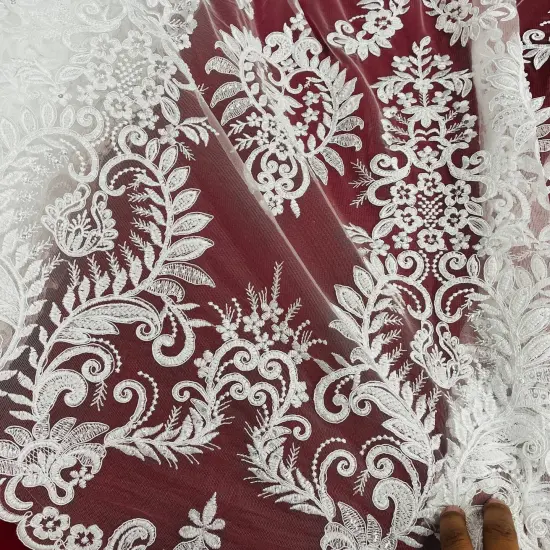 1 Yard Gold Beaded & Corded Bridal Lace Fabric, Embroidered on 100% Polyester Mesh, 52&rdquo; Width Silver {6}