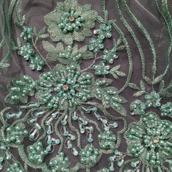 1 Yard Elegant Beaded Lace Fabric Embroidered on 100% Polyester Net Mesh 51 inch Width Silver {7}