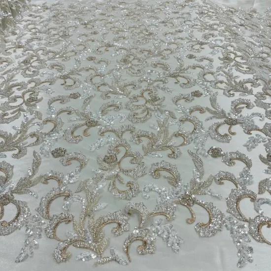 1 Yard Champagne Beaded Lace Fabric Embroidered on Polyester Mesh, 53" Wide {2}