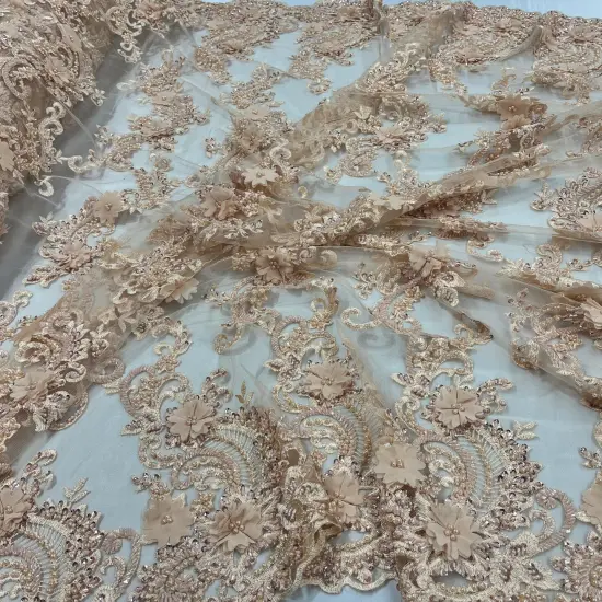 1 Yard Sage 3D Beaded Floral Embroidered Lace Fabric on Polyester Mesh, 52&rdquo; Wide Peach {6}