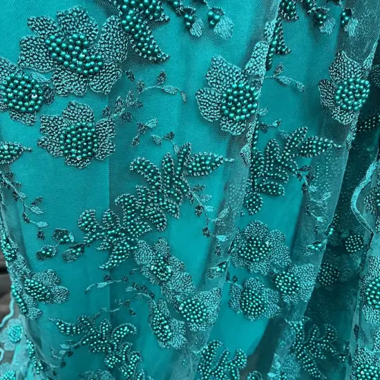 1 Yard Jade Beaded Lace Fabric with Pearls Embroidered on 100% Polyester Net Mesh 52" Width {4}