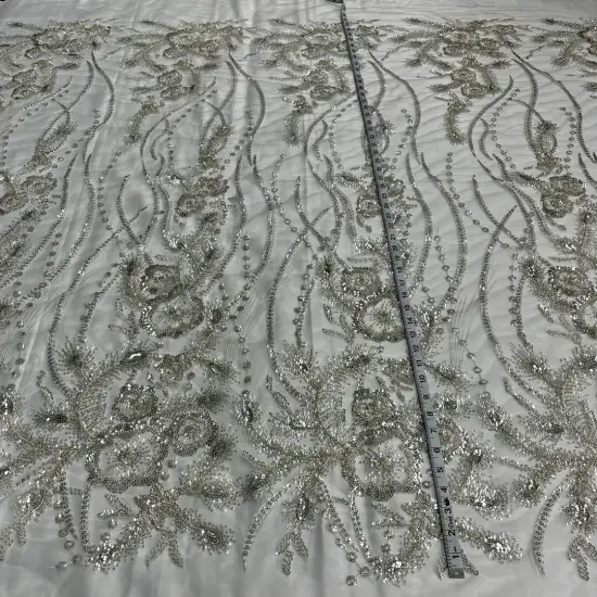 1 Yard Beaded Lace Fabric on 100% Polyester Net Mesh, Embroidered Lace Fabric, 52" Width Antique Silver {1}
