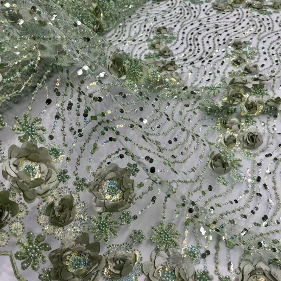 1 Yard Yellow 3D Floral Beaded & Sequined Lace Fabric, Embroidered Sparkling Mesh, 52" Wide, Polyester Pink {6}