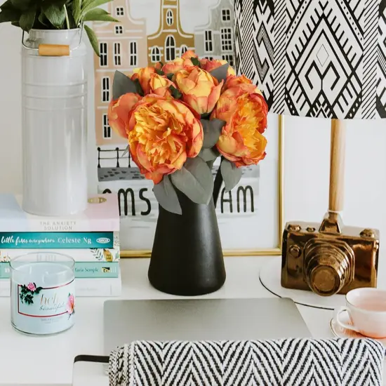 2 Bouquets Vintage Silk Peonies Flowers - 14 Heads (Orange) {4}