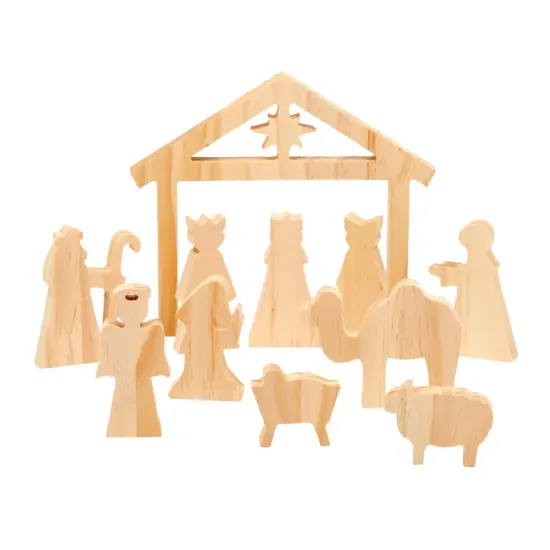 Unfinished Wooden Nativity Scene Set, DIY Christmas Decoration Crafts (11 Pieces) Brown {5}