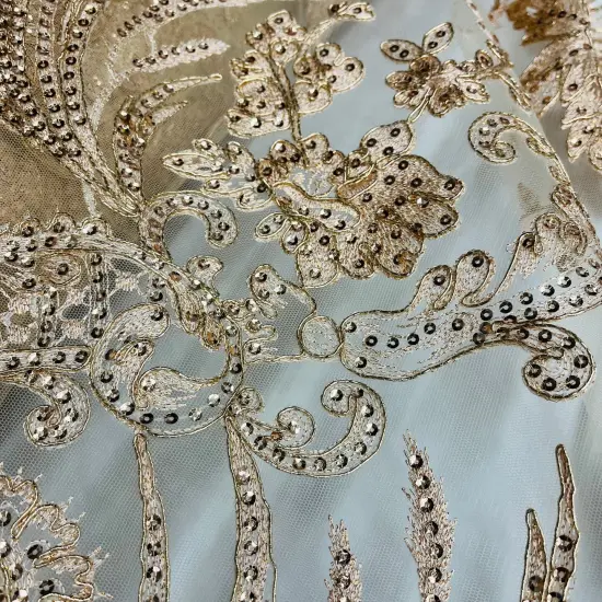 1 Yard Luxurious Corded and Sequined Bridal Lace Fabric Embroidered on 100% Polyester Net Mesh 54" Width Ivory {3}