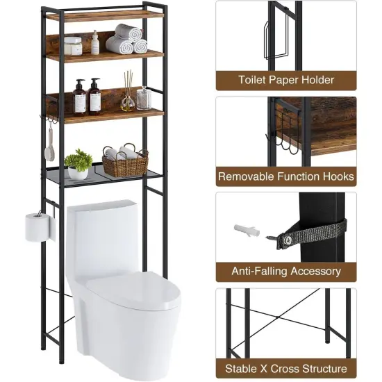 Wood and Iron Freestanding Over The Toilet Storage 4-Shelf Bathroom Organizer Brown {4}