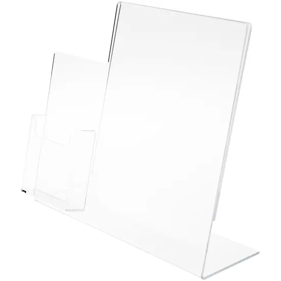Plymor Clear Acrylic Slanted-Back Countertop Sign Holder with Tri-Fold Brochure Pocket on Left, 10.625" H x 17.5" W x 5" D {1}