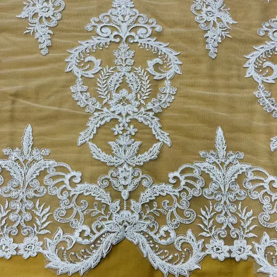 1 Yard Beaded & Corded Bridal Lace Fabric, Embroidered Mesh Net, 51&rdquo; Wide, 100% Polyester White {2}