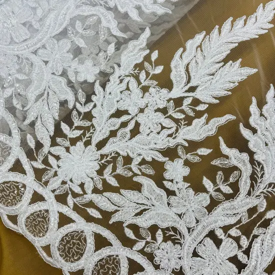 1 Yard Elegant White Beaded & Corded Embroidered Lace Fabric, 51" Wide, Bridal Fabrication for Gowns & D&eacute;cor Ivory {3}