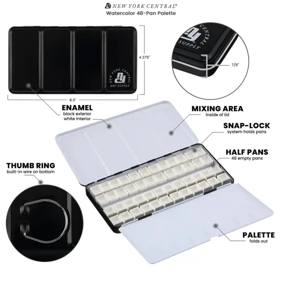 New York Central Watercolor Palette - 48 Empty Half Pan Boxes and Palette with 5 Watercolor Swatch Cards and 2 Swatch Card Sleeves {6}