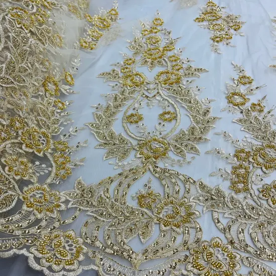 1 Yard White Beaded & Corded Bridal Lace Fabric, Embroidered Polyester Net Mesh, 54" Wide Silver {7}