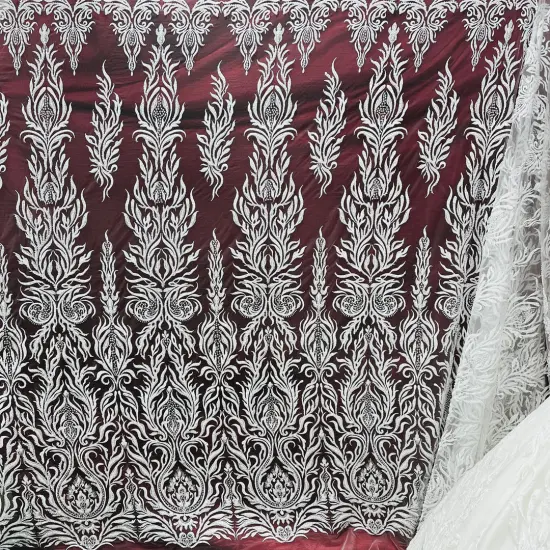 1 Yard Off White Beaded Lace Fabric Embroidered on 100% Polyester Mesh, 52&rdquo; Wide {4}