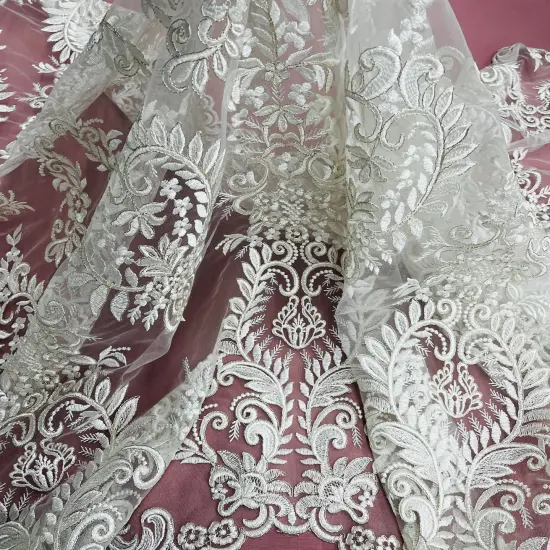 1 Yard Elegant Corded Bridal Lace Fabric Embroidered on 100% Polyester Net Mesh 52" Width Gold {2}