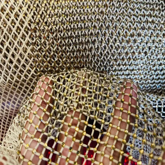 1 Yard Sparkly AB Rhinestone Fishnet Fabric Stretch Mesh for Costumes, D&eacute;cor, and Apparel Champagne Solid {1}