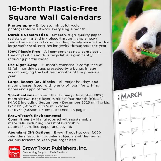 Giant Pandas | 2026 12 x 24 Inch (Hanging) Monthly Square Wall Calendar | Plastic-Free {6}