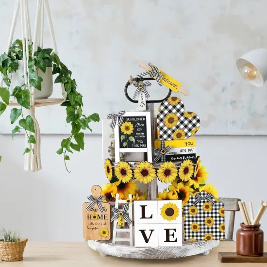 15 Pcs Sunflower Tiered Tray Decor Set Wooden Sunflower Ornament Rustic Sunflower Decorations Farmhouse Sunflower Sign for Gifting Table Home Decor {5}