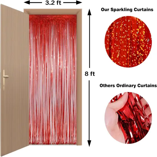 Foil Fringe Curtains Party Decorations April fool's Day Decorations - Melsan 3 Pack 3.2 x 8.2 ft Red Tinsel Curtain Party Photo Backdrop for Birthday Party Baby Shower or Graduation Decorations {3}