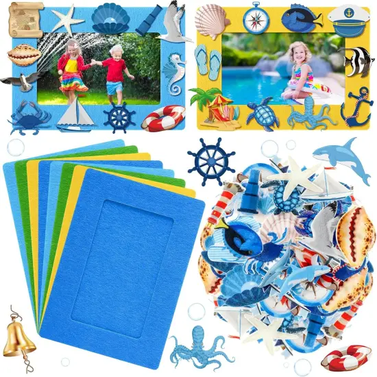232 Pieces Summer Ocean Beach DIY 5'' x 7'' Picture Frame Craft Kit 32 Summer Under The Sea Felt Photo Frames and 200 Foam Stickers for Holiday Game Activities(Ocean,Cool Color) {1}