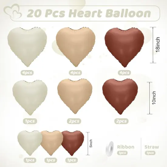 Brown Cream Heart Balloons, Heart Shaped Ballons, 20 Pcs 5/10/18 inch Apricot Beige Coffee Foil Love Balloons for Valentine's Day Wedding Engagement Bridal Showers Anniversary Celebrations {2}
