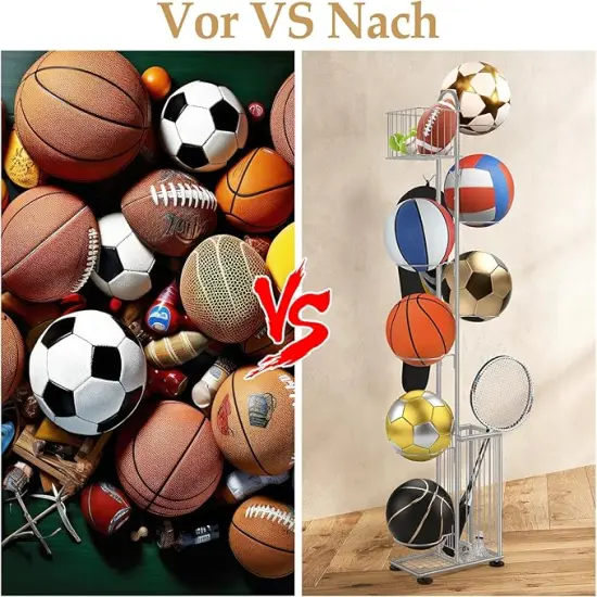 7-Tier Metal Ball Storage Rack with 2 Baskets & Hooks &ndash; Vertical Space-Saving Organizer for Basketball, Football, Volleyball, Gear | Indoor/Outdoor Garage, Gym, Kids&rsquo; Room {4}