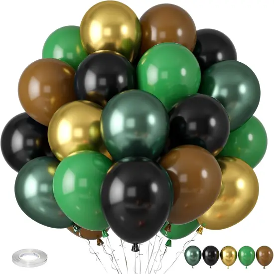 Green and Brown Balloons, Dark Emerald Green Balloon Camouflage Green Black Brown Balloons, Metallic Green Gold Balloon for Camping Game Jungle Theme Camo Birthday Baby Shower Army Party Decorations {1}
