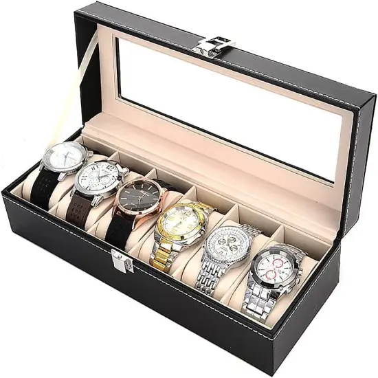 6-Slot Leather Watch Box Organizer with Glass Lid - Jewelry Storage Case, Multi-Functional Display for Men, Gift Idea (Black) {1}